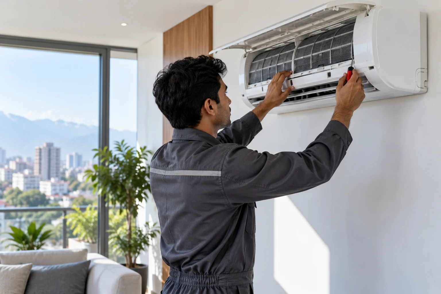 Illustration of an HVAC technician inspecting an air conditioner